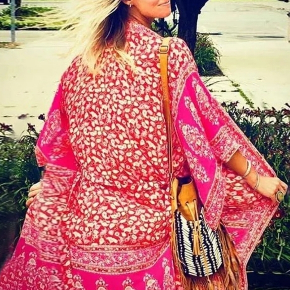 New Boho Gypsy Floral Sheer Chiffon Kimono Maxi Duster Jacket Cardigan Red Pink - Picture 5 of 10